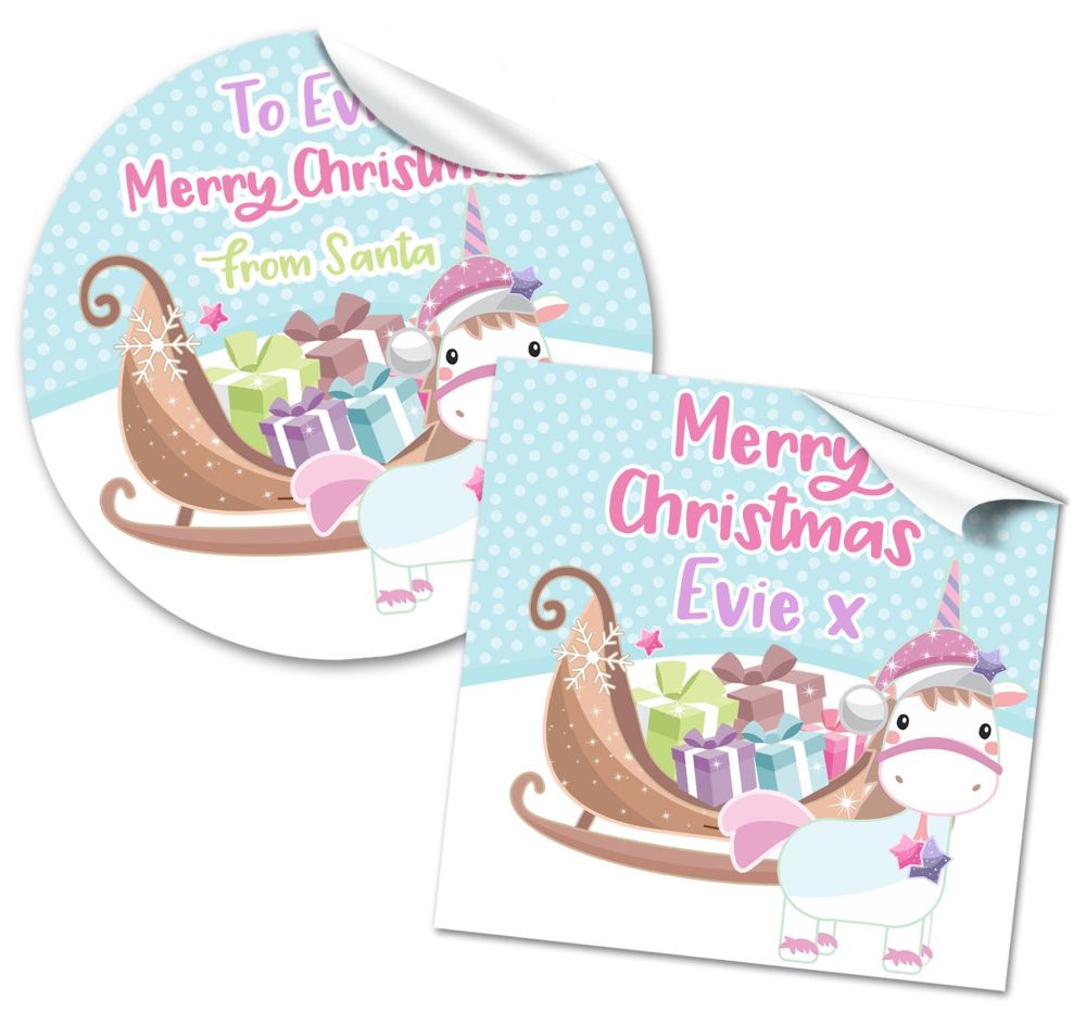 Christmas Stickers Gift Tag Labels Unicorn Sleigh A4 Sheet x1