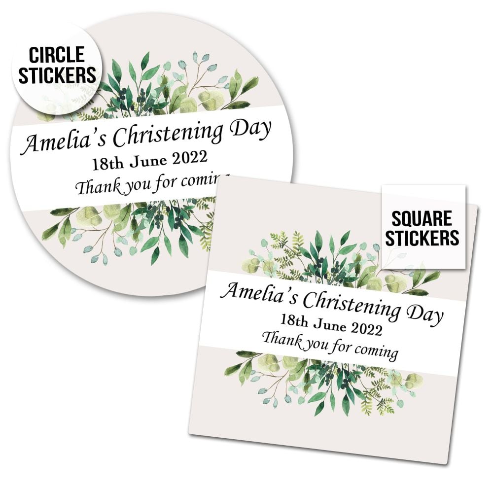 Botanical Leaves Personalised Christening Stickers