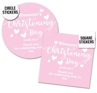 Pink Love Hearts Personalised Christening Stickers