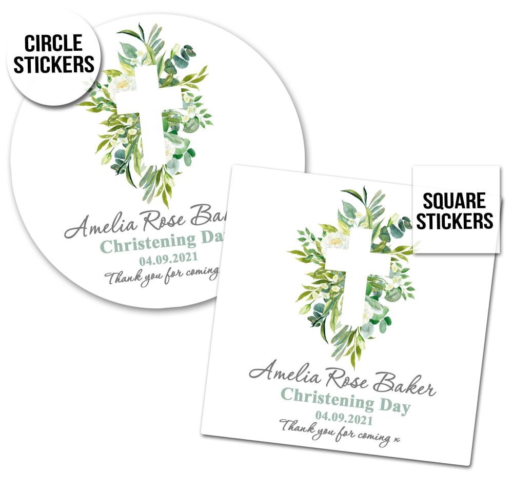 Christening Stickers Botanical Leaves Cross 1x A4 Sheet