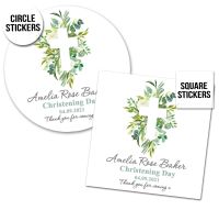Botanical Leaves Cross Personalised Christening Stickers