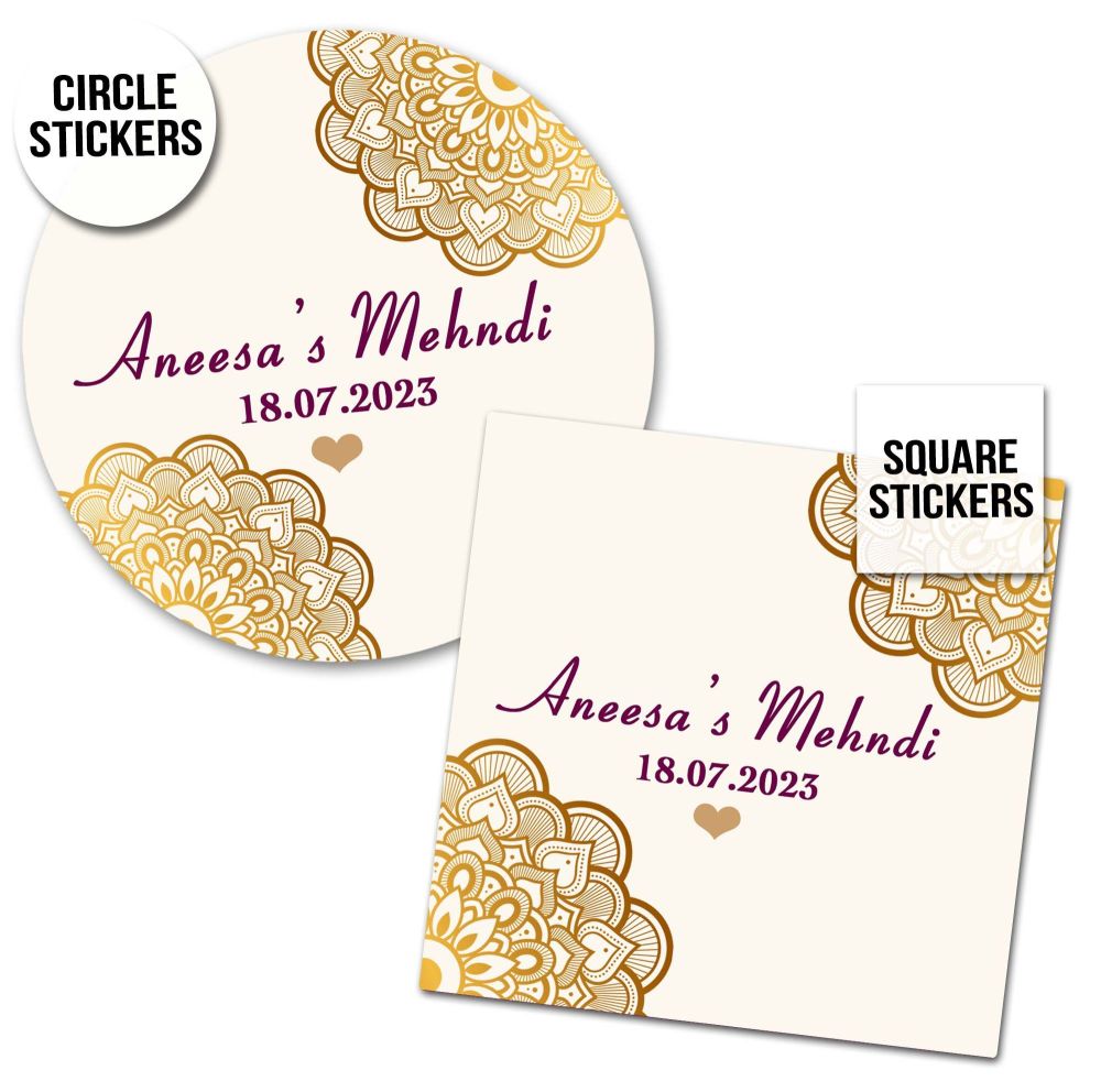 Personalised Mehndi Stickers Wedding Labels Mandala Hearts