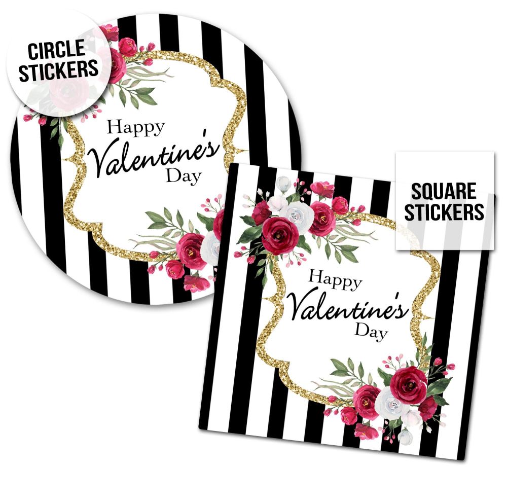 Happy Valentine's Day Stickers Black Stripe Roses - A4 Sheet x1