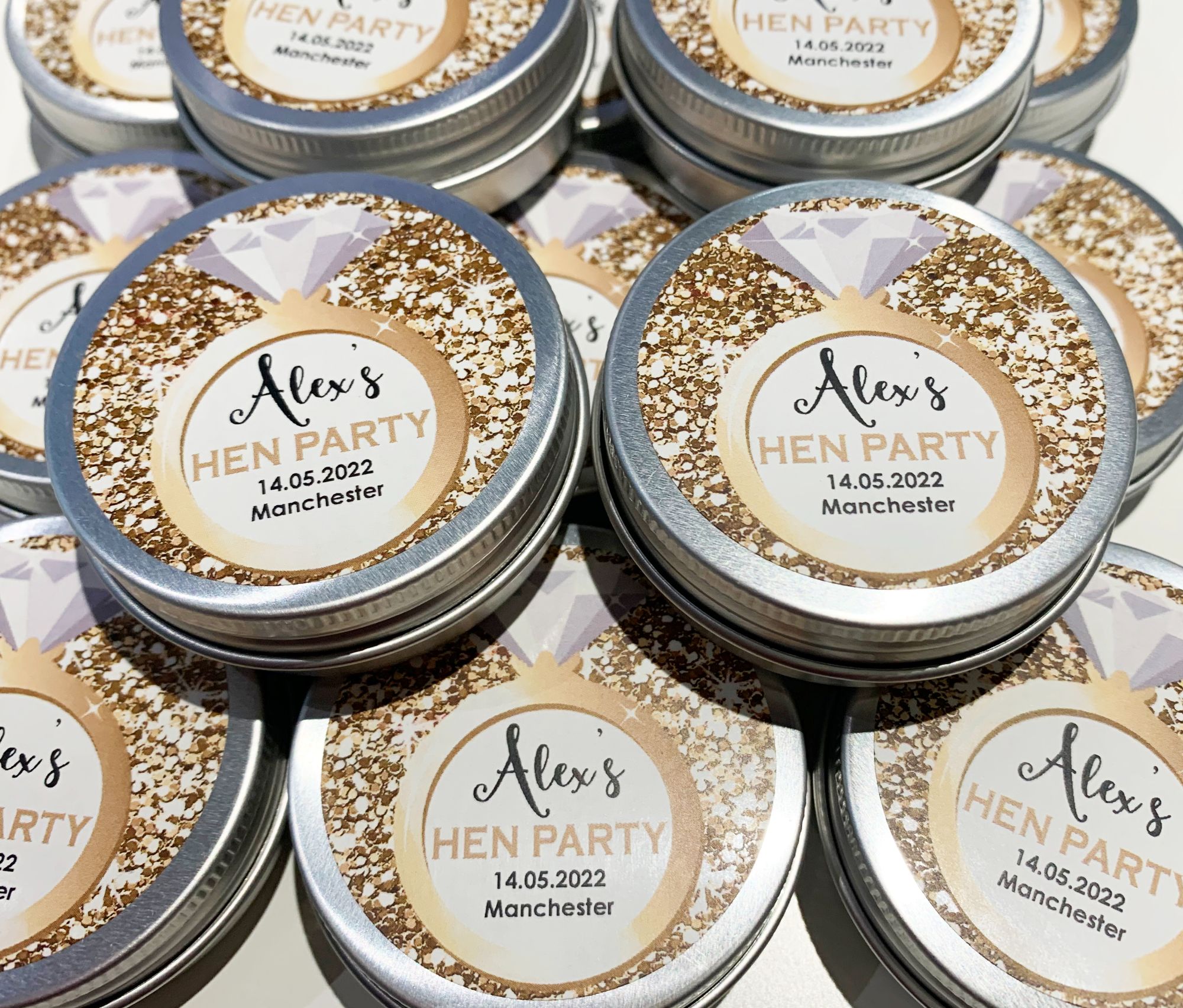 hen party favour tins gold glitter ring