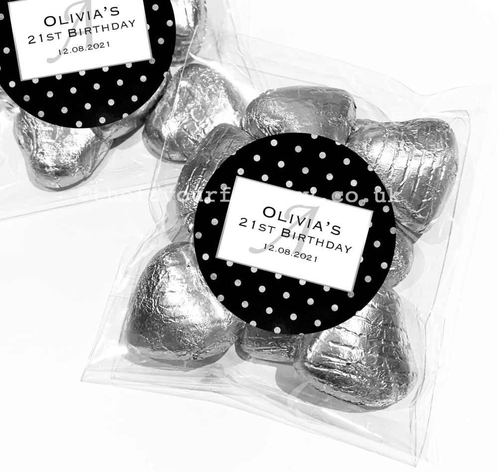Black & Silver Polka Dots Birthday Party Favours Sweet Bags And Stickers x1