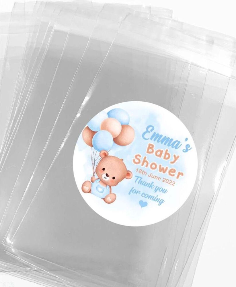 Baby Shower Favours Sweet Bags Stickers Kits - Bear With Balloons Blue x12