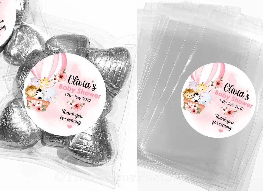 Animals In Pink Air Balloon Baby Shower Favours Sweet Bags Kits x1