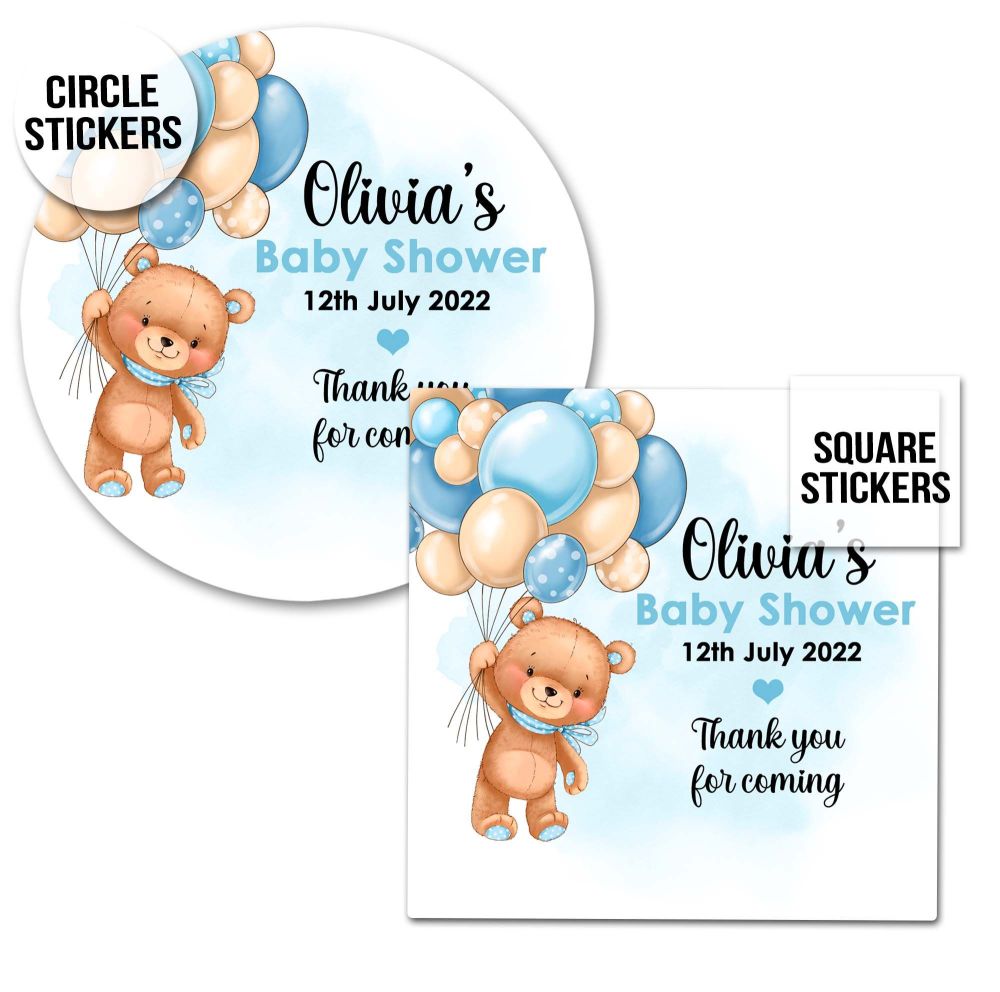 Personalised Stickers Baby Shower Blue Teddy Bear Balloons