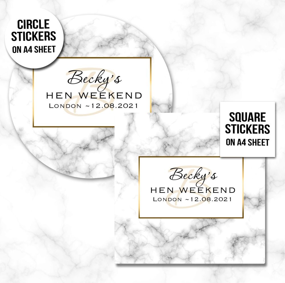 Hen Party Stickers Personalised Marble Monogram.