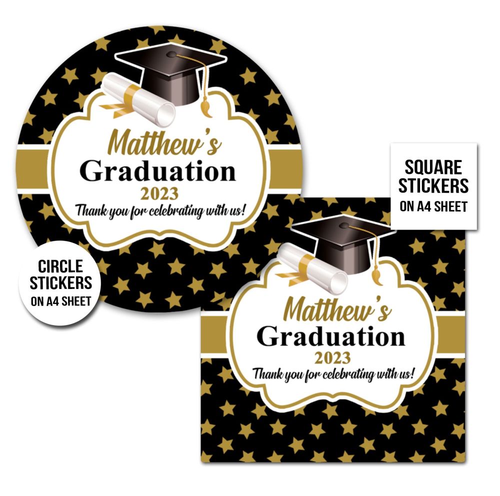 Gold Stars Doctoral Cap Personalised Graduation Stickers x1 A4 Sheet