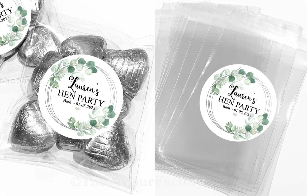 Hen Party Bag Fillers Sweet Bags Kits Eucalyptus Leaves Silver Sparkle Frame x1