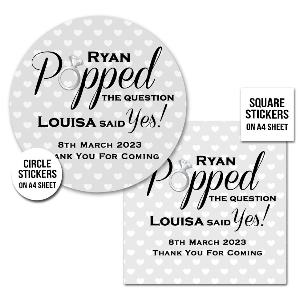 Engagement Party Stickers Popped The Question x1 A4 Sheet