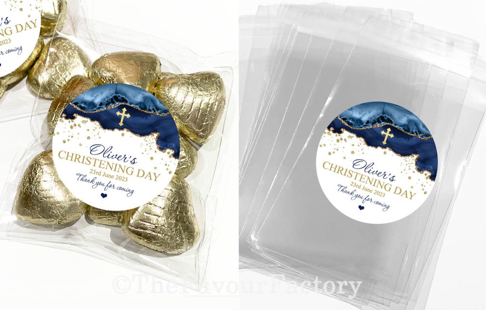 Navy Blue Agate Cross Christening Favours Sweet Bags Kits x1