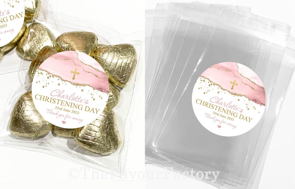 Pink And Gold Agate Cross Christening Favours Sweet Bags Kits x1