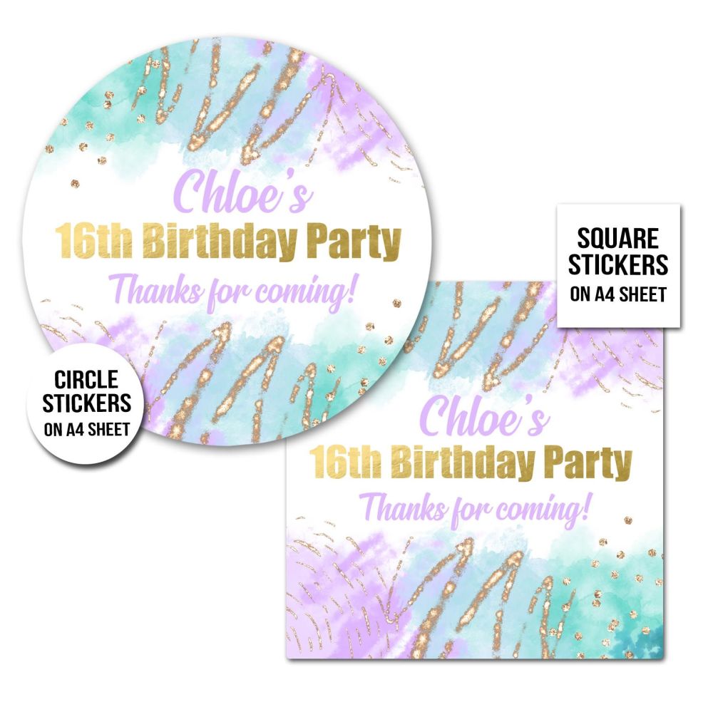 Birthday Stickers Lilac Aqua Gold Splatter