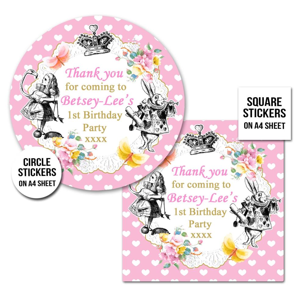 Birthday Party Stickers Vintage Alice In Wonderland 1 x A4 Sheet
