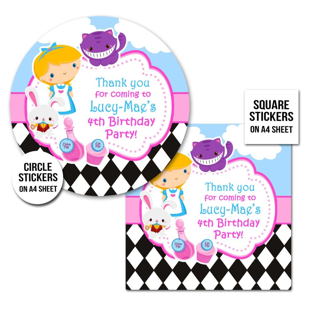 Birthday Party Stickers Personalised Alice In Wonderland