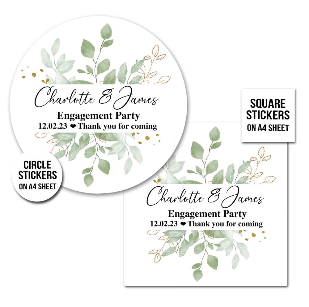 Botanicals Gold Leaf Personalised Engagement Party Stickers