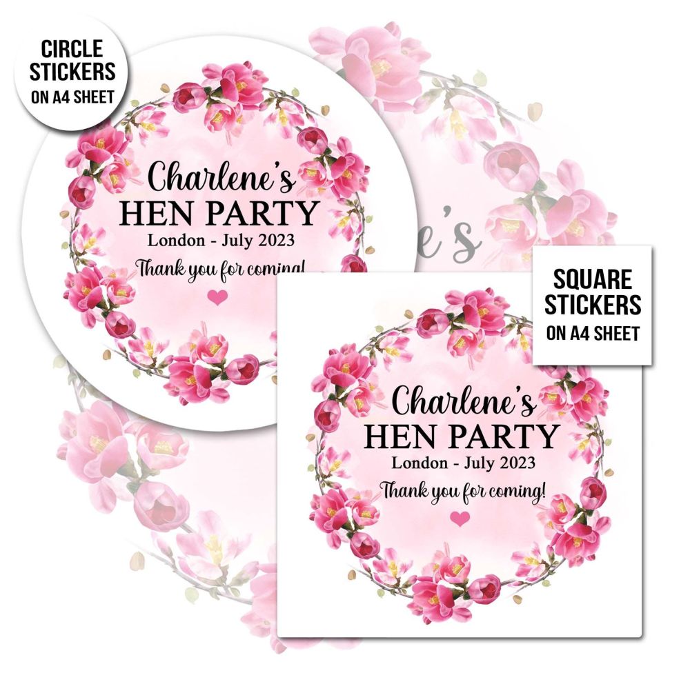 Personalised Stickers Hen Party Pink Cherry Blossom