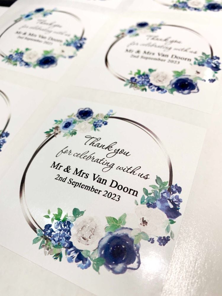 Blue & White Watercolour Florals Personalised Wedding Stickers