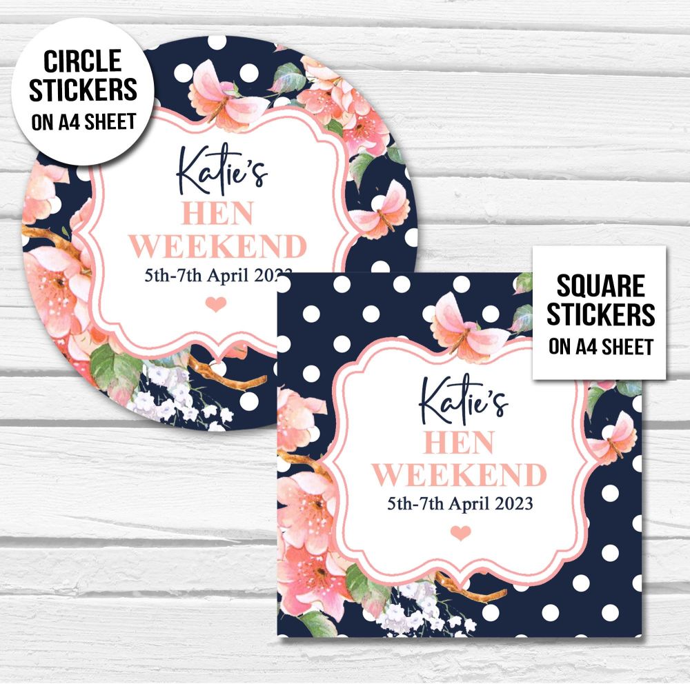 Personalised Stickers Hen Party Navy Floral Polka Dots A4 Sheet x1
