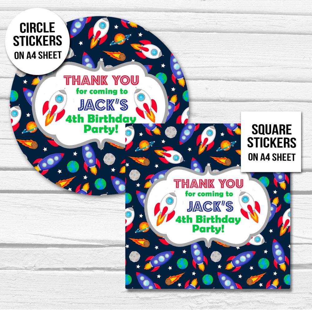 Personalised Stickers Space Rockets Party A4 Sheet x1