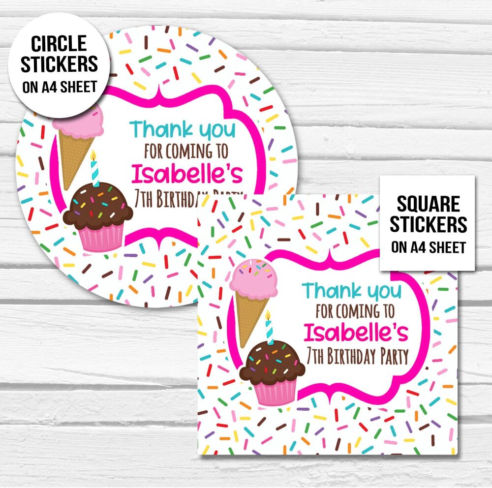 Sprinkles Ice Cream Party Personalised Stickers