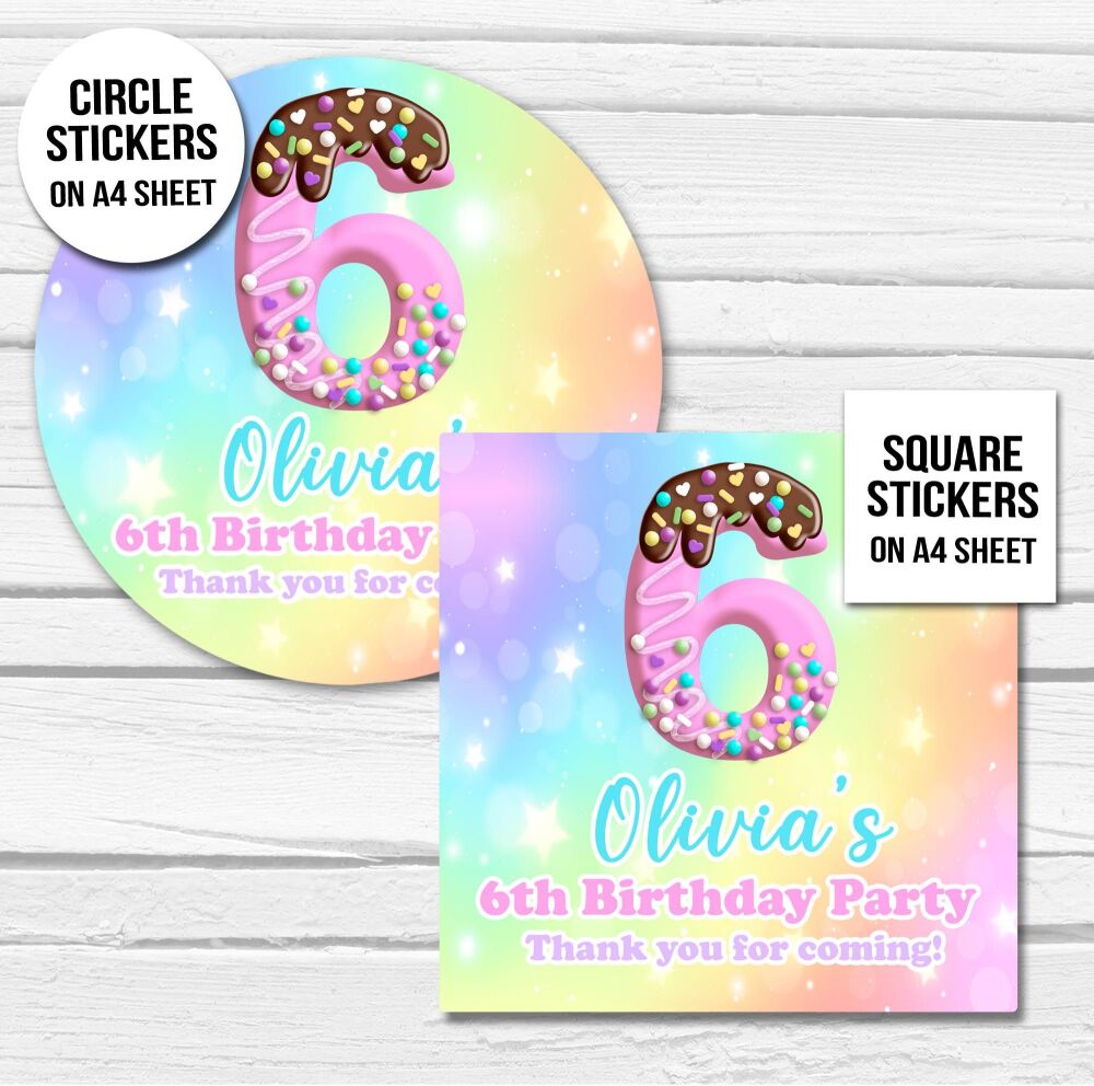 Birthday Party Stickers Rainbow Age Sprinkles 1 x A4 Sheet