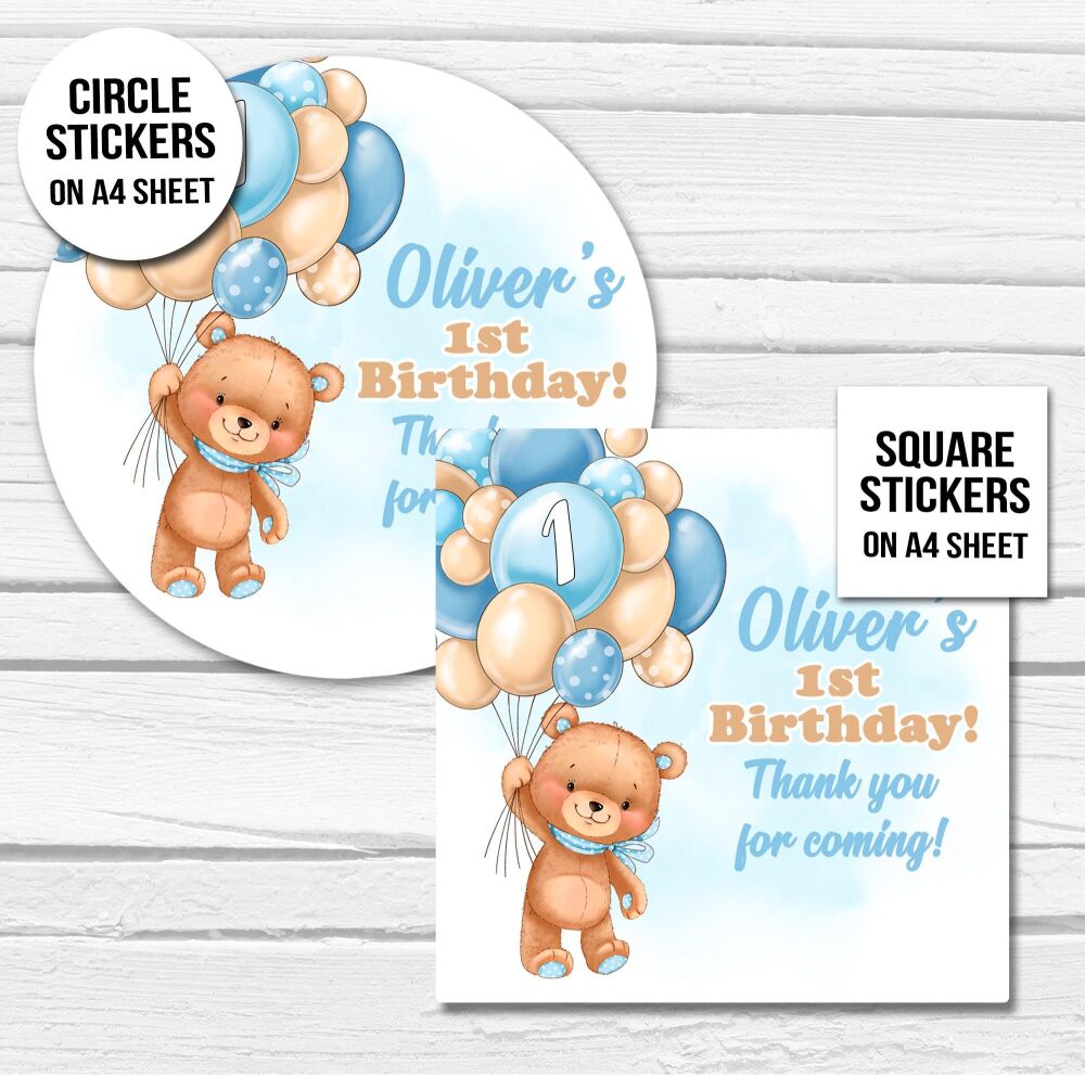 Blue Teddy Balloons birthday Party Personalised Stickers
