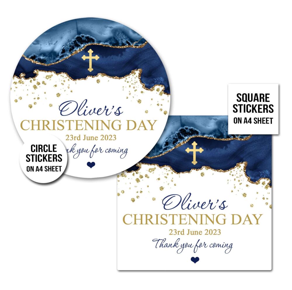 Navy Blue Agate Cross Christening Stickers