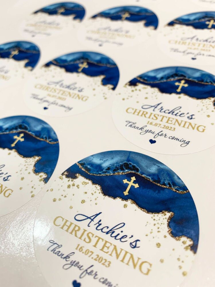 Navy Blue Agate Cross Christening Stickers