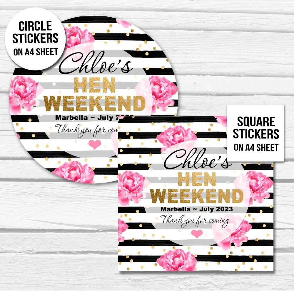 Personalised Stickers Hen Party Black Stripes Confetti Roses A4 Sheet x1