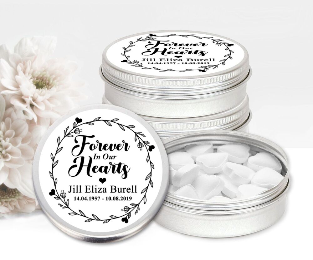 Funeral Favours Memorial Personalised Mint Tins Hearts Wreath x1