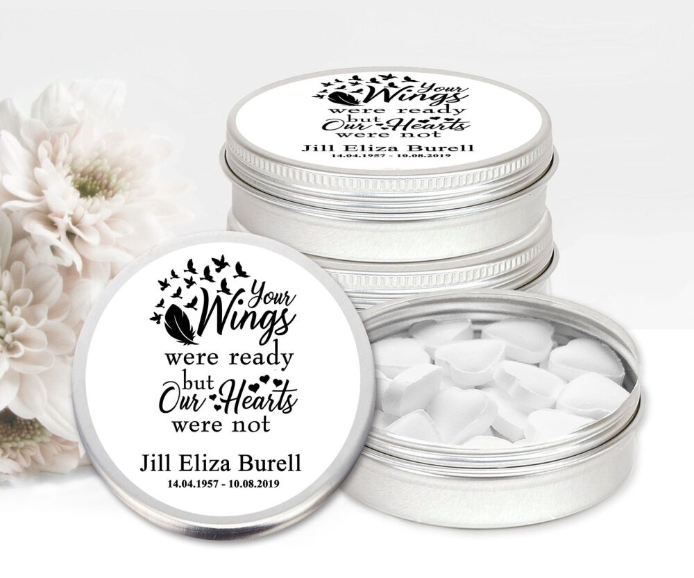 Funeral Favours Memorial Personalised Mint Tins Your Wings Were Ready x1