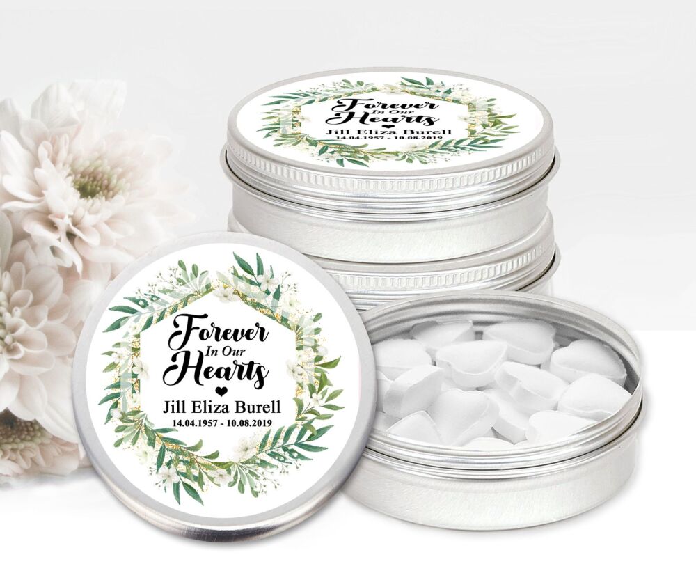 Funeral Favours Memorial Personalised Mint Tins White Flowers Botanicals x1