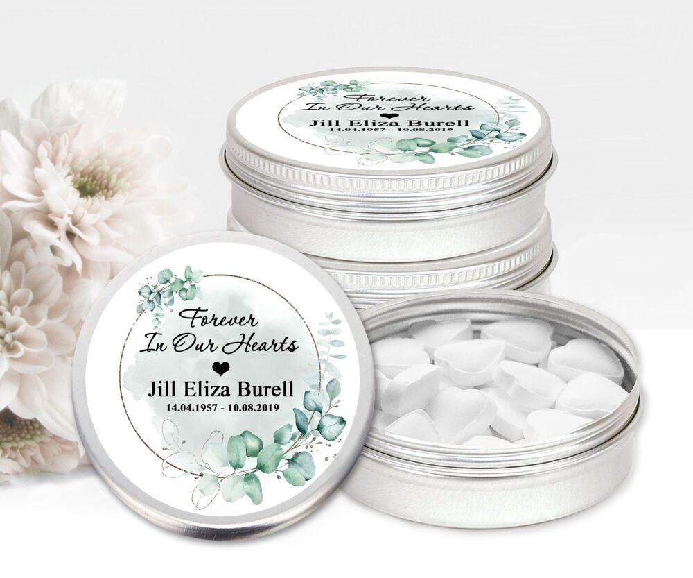 Funeral Favours Memorial Personalised Mint Tins Botanicals Eucalyptus x1