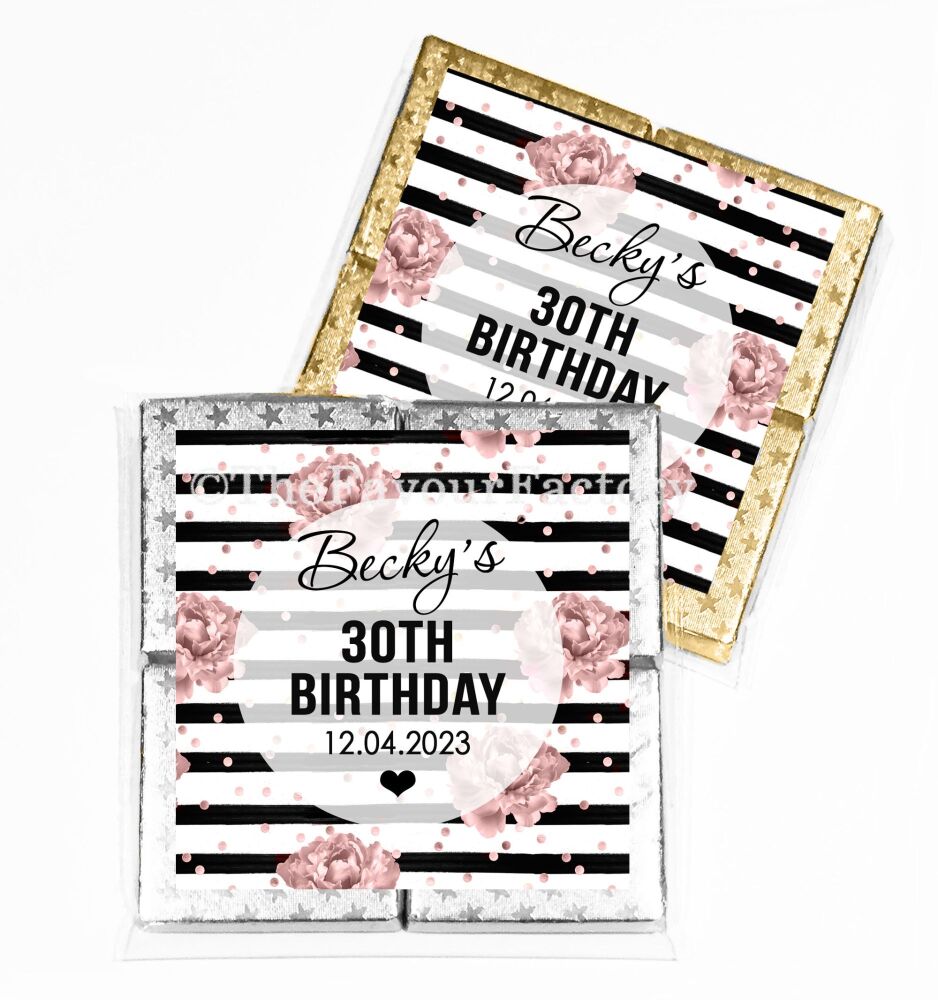 Rose Gold Roses Confetti Black Stripes Birthday Chocolates Favours x1