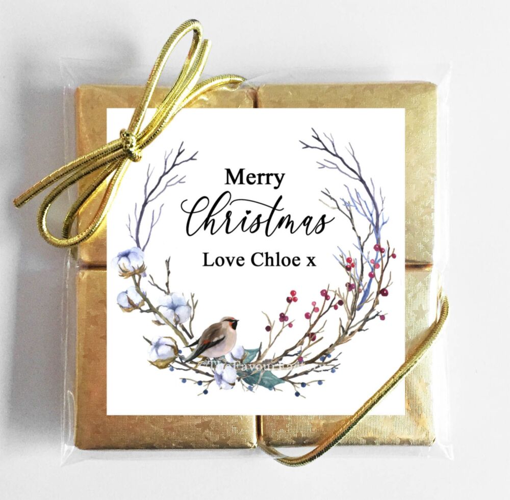 Bird On Cotton Berry Branch Personalised Christmas Chocolates Quads x1