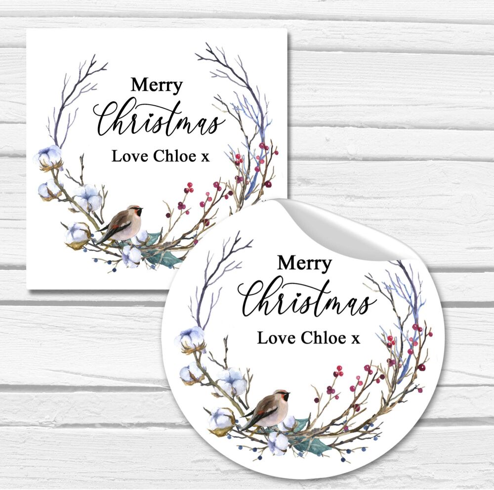 Bird On Cotton Berry Branch Personalised Christmas Stickers Gift Tags Label