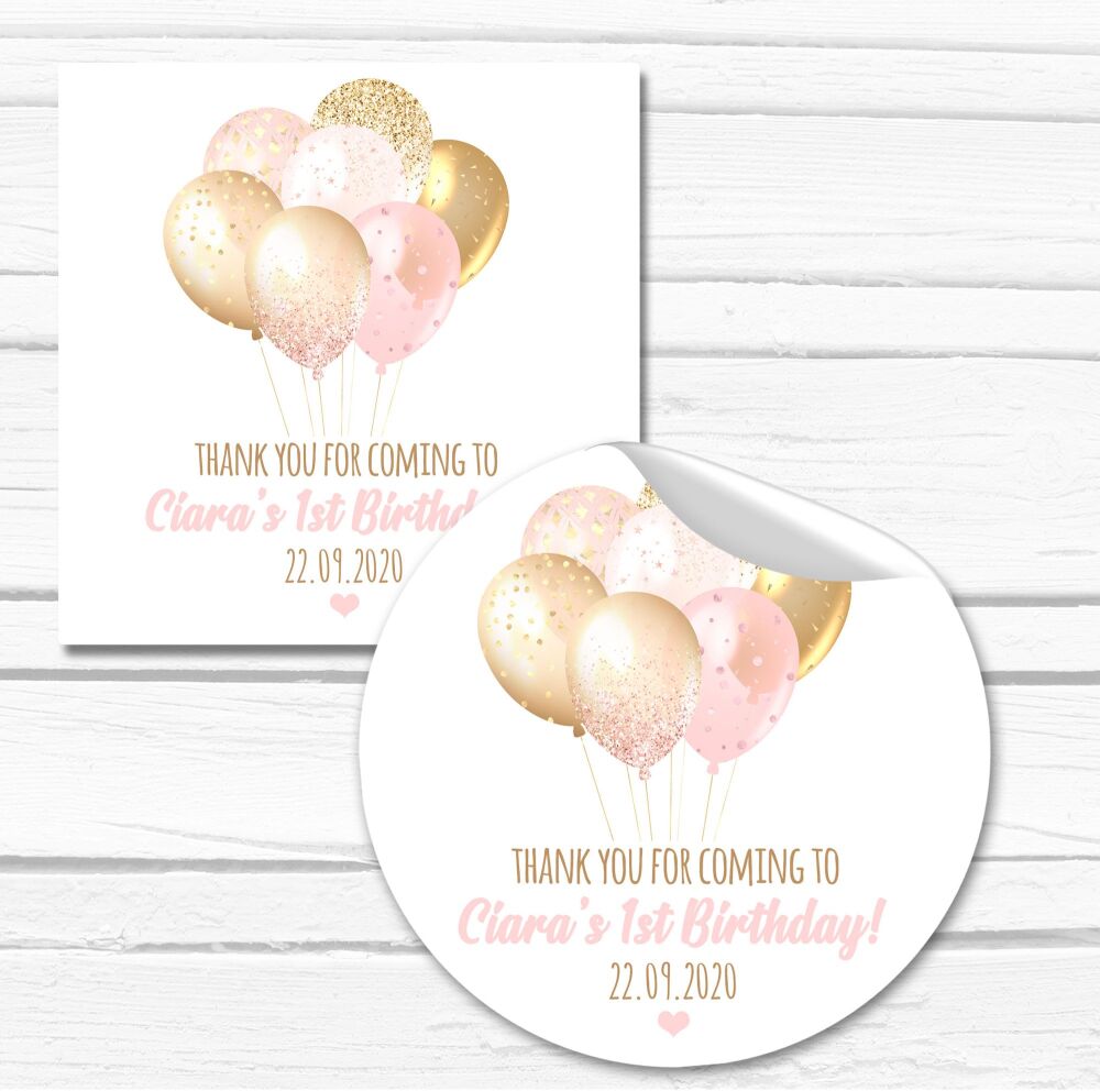 Blush Pink And Gold Balloons Birthday Personalised Stickers
