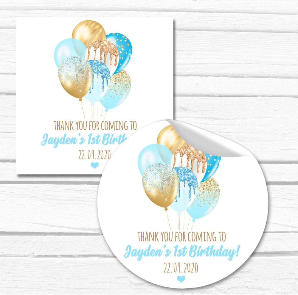 Baby Blue And Gold Balloons Birthday Personalised Stickers