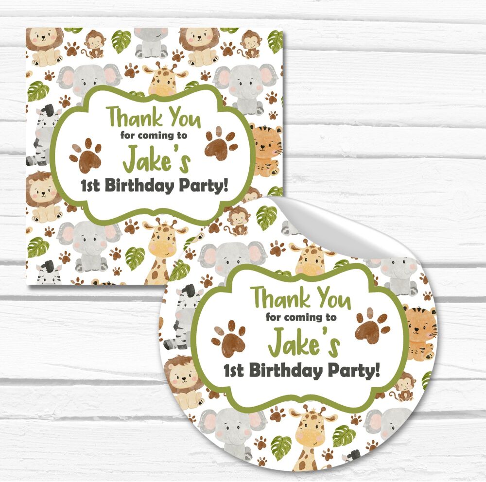Baby Safari Animals Paws Personalised Birthday Party Stickers