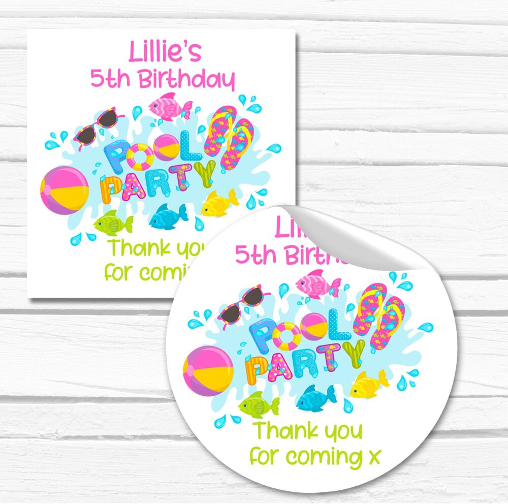 Personalised Children's Birthday Party Stickers Swimming Pool Theme