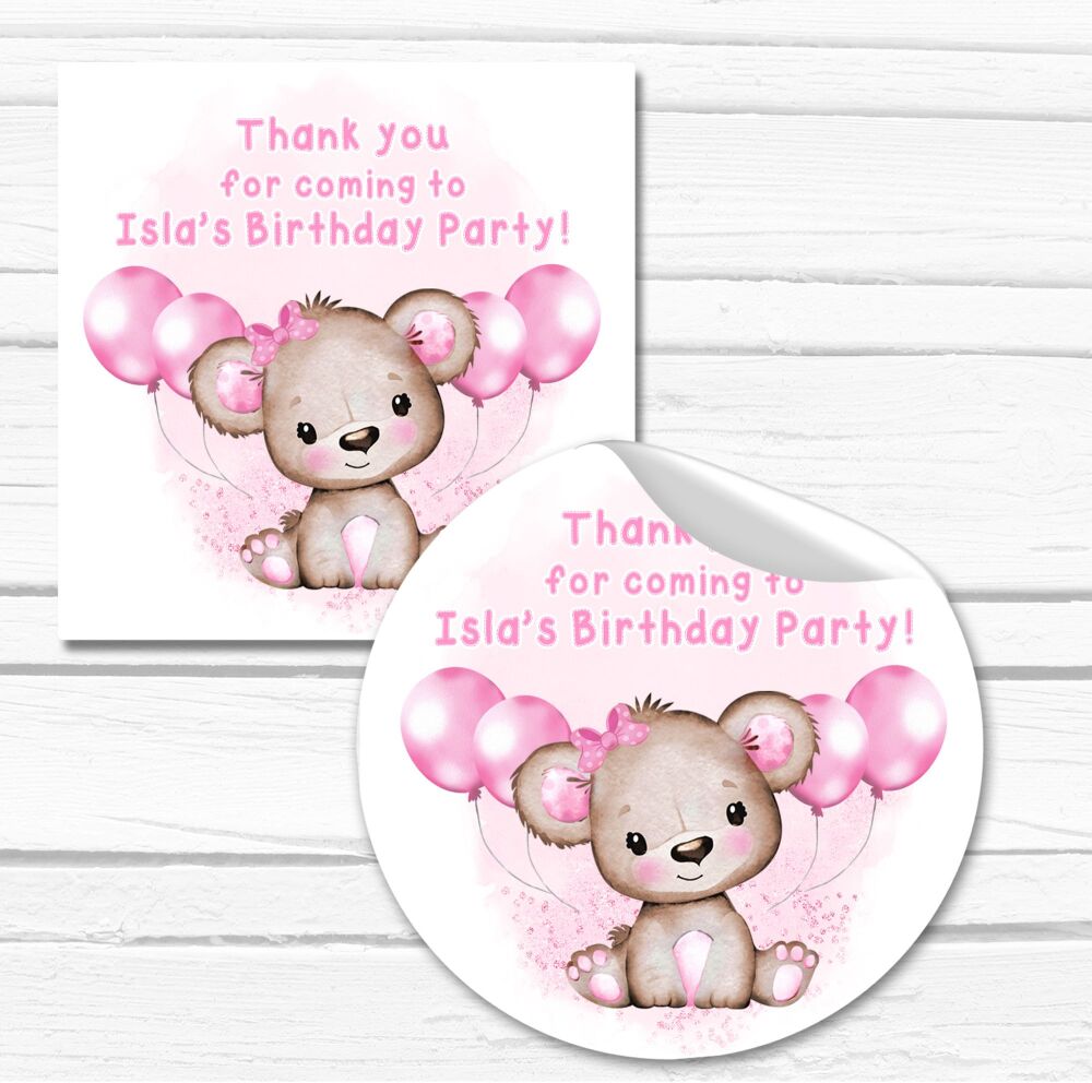 Pink Teddy Balloons Birthday Party Personalised Stickers