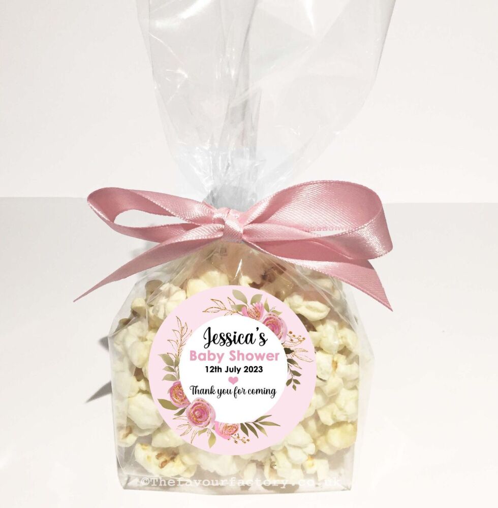 Pink Roses Botanicals Baby Shower Popcorn Favours Bags Kits x1
