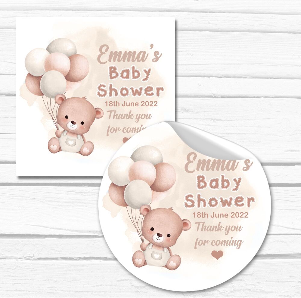 Beige Bear Balloons Baby Shower Stickers A4 Sheet x1