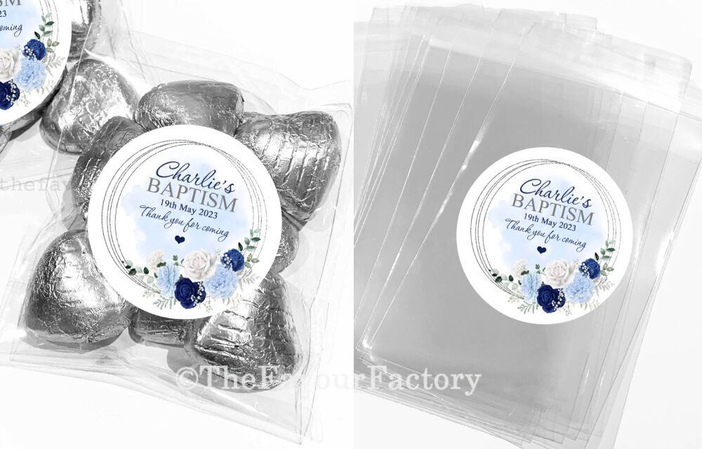Blue Floral Frame Christening Favours Sweet Bags Kits x1