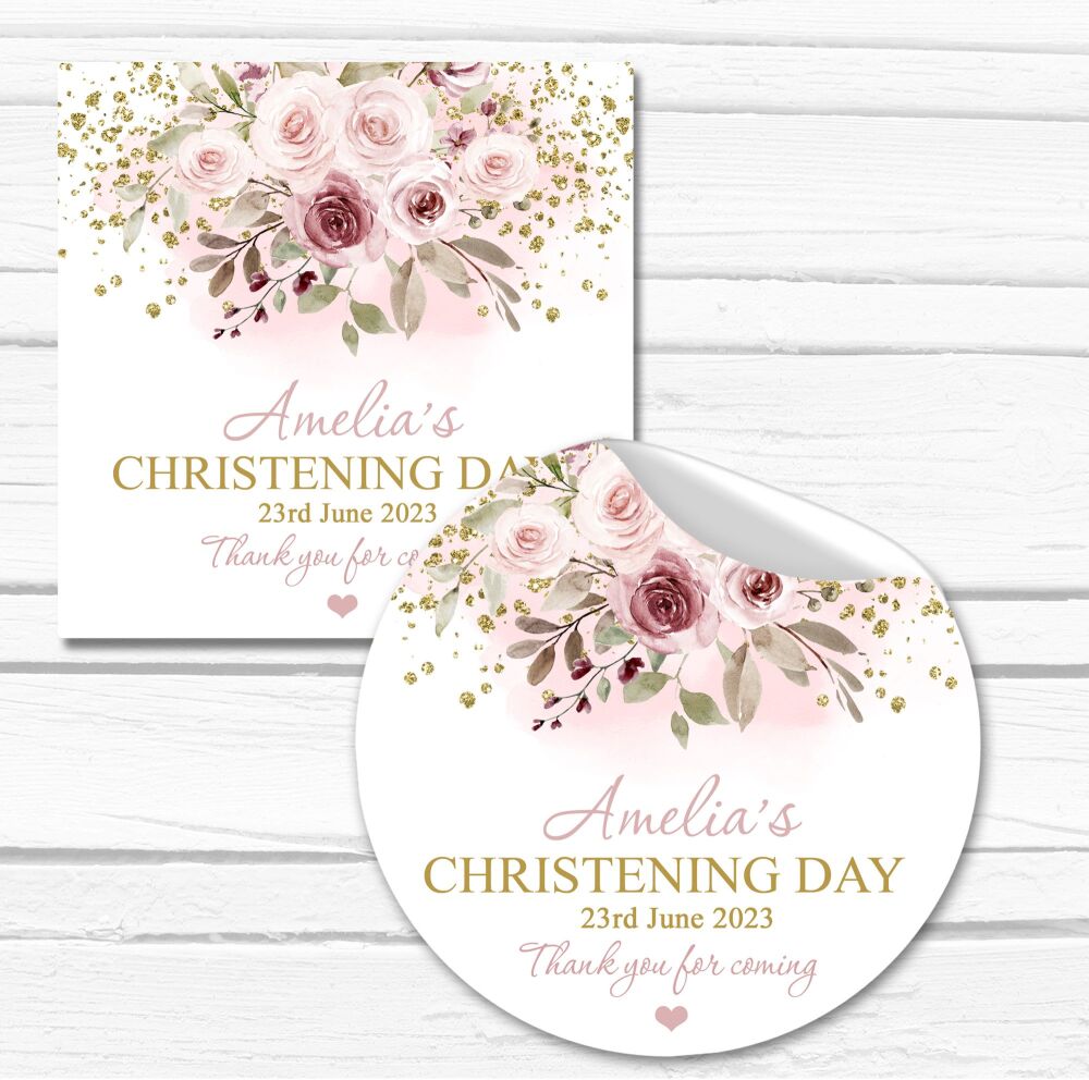 Blush Pink Floral Drop Personalised Christening Stickers