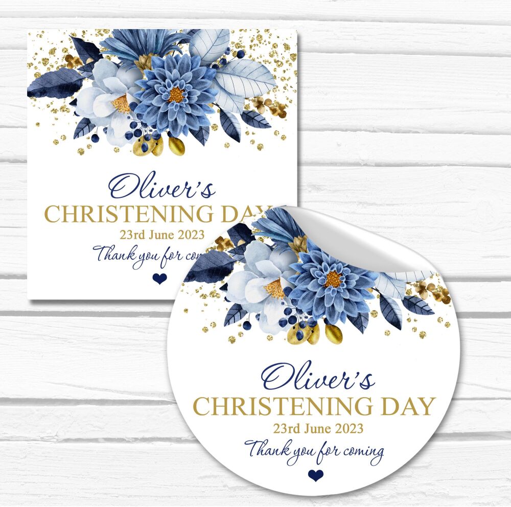 Blue And Gold Flowers Personalised Christening Stickers