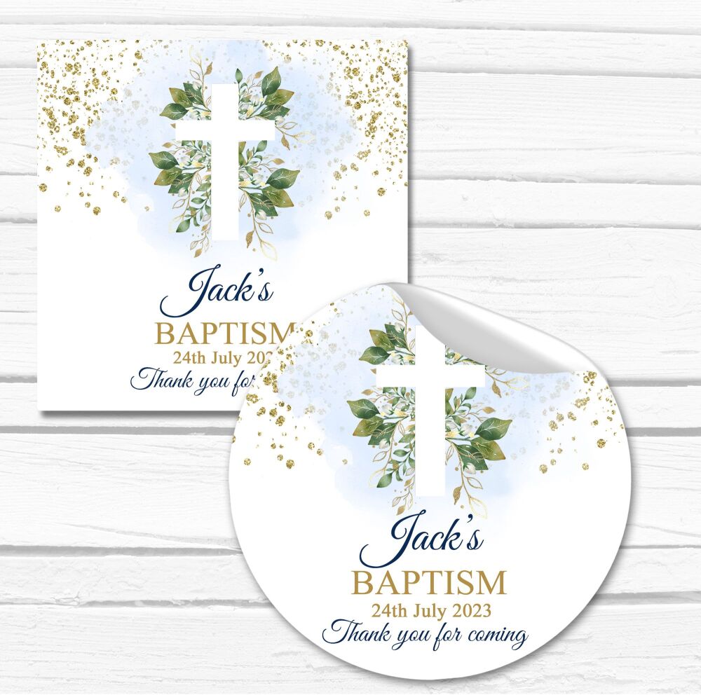 Blue Botanicals Floral Cross Personalised Christening Stickers